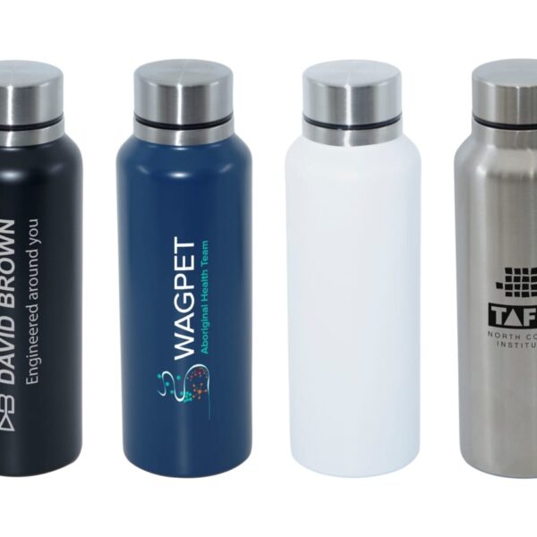 Four insulated water bottles with silver caps are displayed in a row. Each bottle is a different color—black, blue, white, and stainless steel—and features distinct logos and designs.