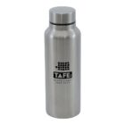 A silver stainless steel water bottle featuring the TAFE NSW North Coast Institute logo. It has a screw-on lid and a simple, sleek design.