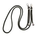 A long, black rope with two silver clip attachments at each end, designed for securing or connecting items. The rope is neatly coiled with the clips extending outward.
