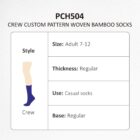 Chart for PCH504 crew custom pattern woven bamboo socks. Style: Crew, Size: Adult 7-12, Thickness: Regular, Use: Casual socks, Base: Regular. Image of a sock with a blue foot and a beige calf.