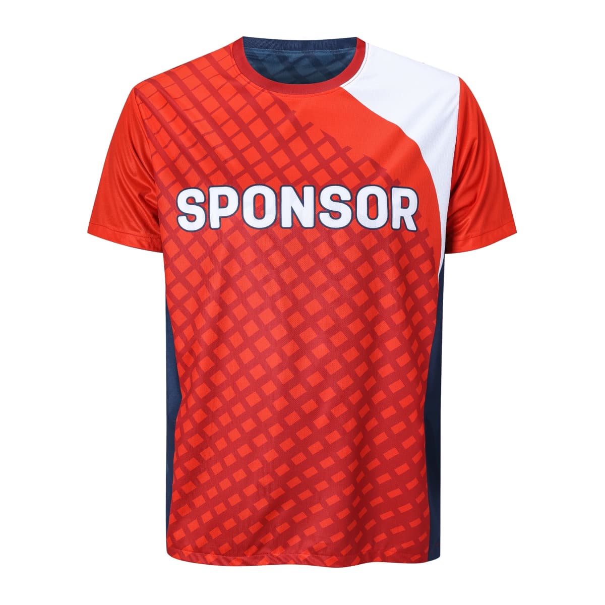 Red sports jersey with a geometric checkered pattern. The word SPONSOR is printed in bold white letters across the chest. The jersey features a white and dark blue section along the shoulder and sides.