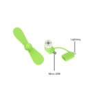 A small green portable fan with a detachable blade. It includes adapters labeled Micro USB and Lightning, for connecting to various devices.