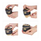 A person demonstrates folding a collapsible, black and tan silicone travel cup. The sequence shows hands compressing and sealing the cup for compact storage.