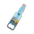 Bottle-shaped metal bottle opener with a design of three beer bottles and two beer glasses. Text reads, A good beer with a good company. The opener has a silver outline and a loop for opening bottles.