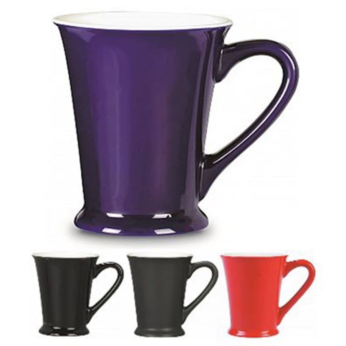 Four ceramic mugs are displayed. The largest in front is purple with an elegant flared design. In the background, there are two black mugs and a red one, each with a similar shape.