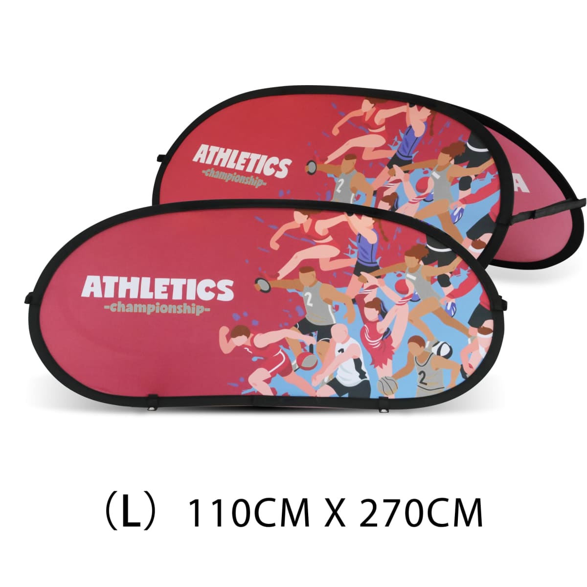 Two red athletic banners with illustrations of diverse athletes in motion, featuring the text ATHLETICS championship. Each banner measures 110cm by 270cm.