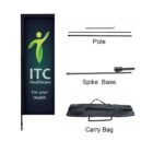 A rectangular flag with ITC Healthcare For your Health text and a green abstract figure. Includes a pole, a spike base, and a black carry bag arranged nearby.