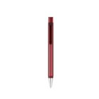 A red metallic ballpoint pen with a smooth cylindrical body and a clip. The pen is centered on a white background, with the pen tip pointing downward.