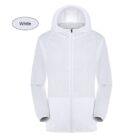 White hooded jacket with a front zipper and elastic cuffs is displayed against a white background. A small oval label next to it reads White.