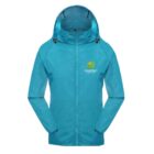 A bright turquoise jacket with a hood and full zipper. The jacket has a logo on the left chest area, which includes the text YOURTEXT. The fabric features a subtle, patterned texture. The hood has adjustable drawstrings.