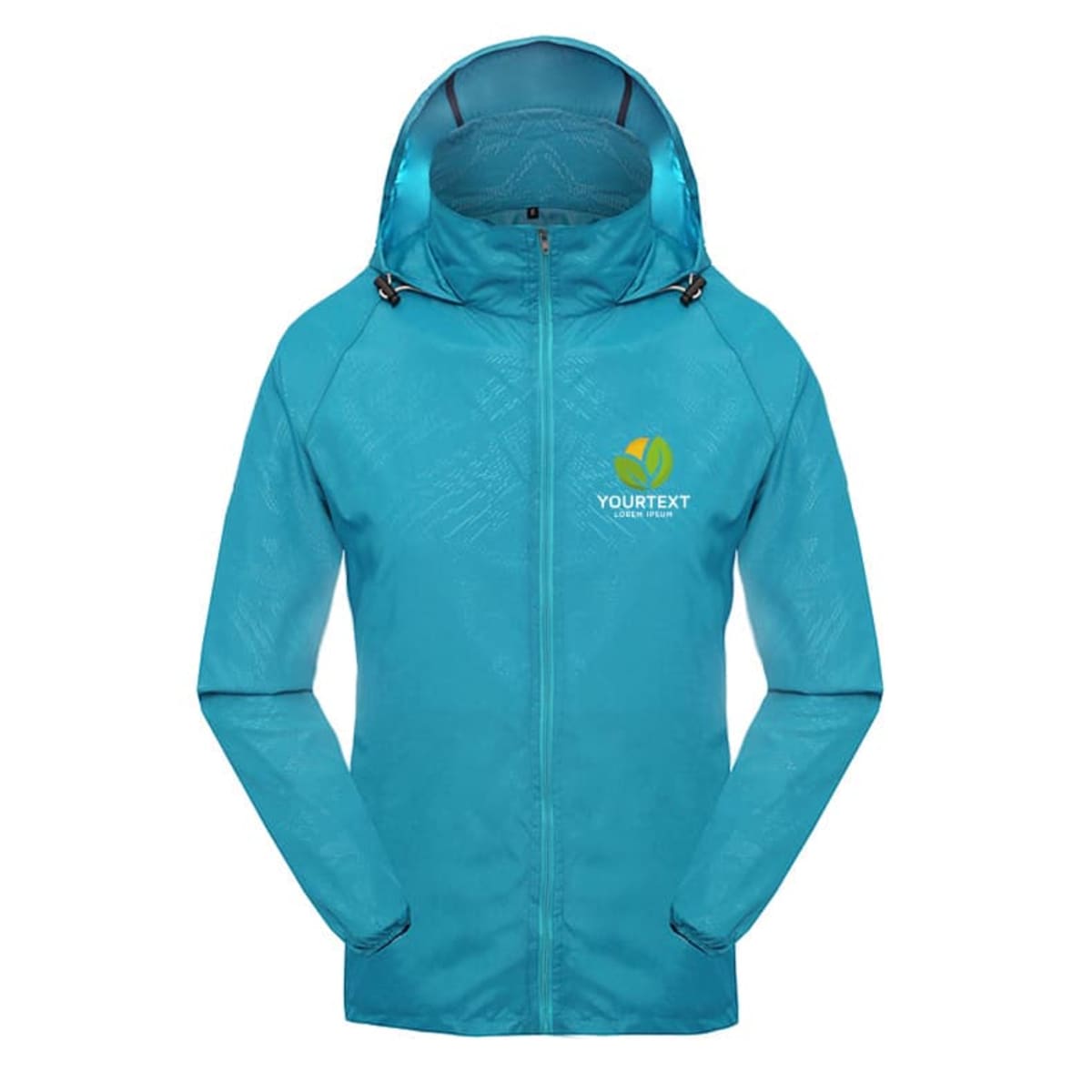 A bright turquoise jacket with a hood and full zipper. The jacket has a logo on the left chest area, which includes the text YOURTEXT. The fabric features a subtle, patterned texture. The hood has adjustable drawstrings.