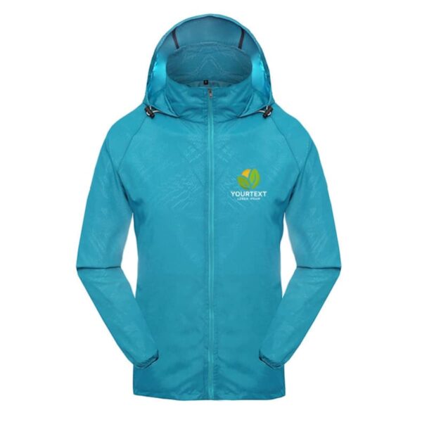 A turquoise jacket with a hood, featuring a zipper down the middle and a logo with placeholder text on the left chest.