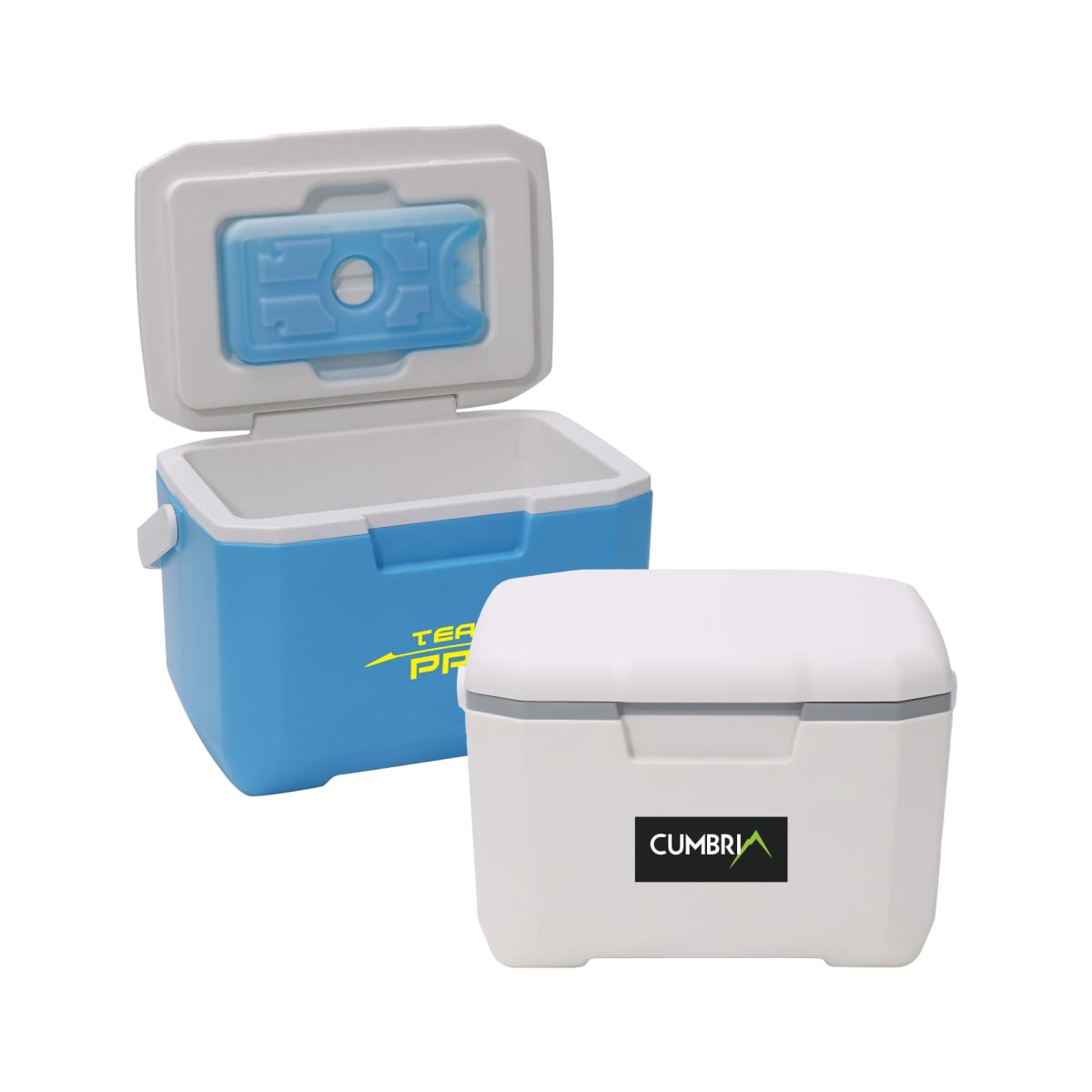 Two coolers are shown: a white and blue cooler with an open lid revealing an empty interior, and a white rectangular cooler with a closed lid featuring a Cumbria label.