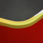 Close-up of an abstract composition featuring a red surface with a curved yellow and orange edge, set against a gray background. The focus is on the flowing lines and vibrant contrast between the colors.