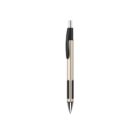 A silver retractable pen with black accents, featuring a black clip and grip, against a white background.