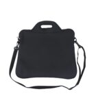A black, square-shaped bag with a detachable shoulder strap and a built-in handle on the top. The bags minimalist design gives it a sleek appearance.