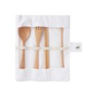 A set of wooden cutlery including a spoon, fork, two chopsticks, and a straw, neatly arranged in a white fabric holder with slots and a snap button closure.