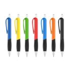 Seven ballpoint pens are lined up vertically, each with black grips. The pens have colored barrels: blue, yellow, green, red, blue, orange, and black. Each pen has a silver clicker and clip.