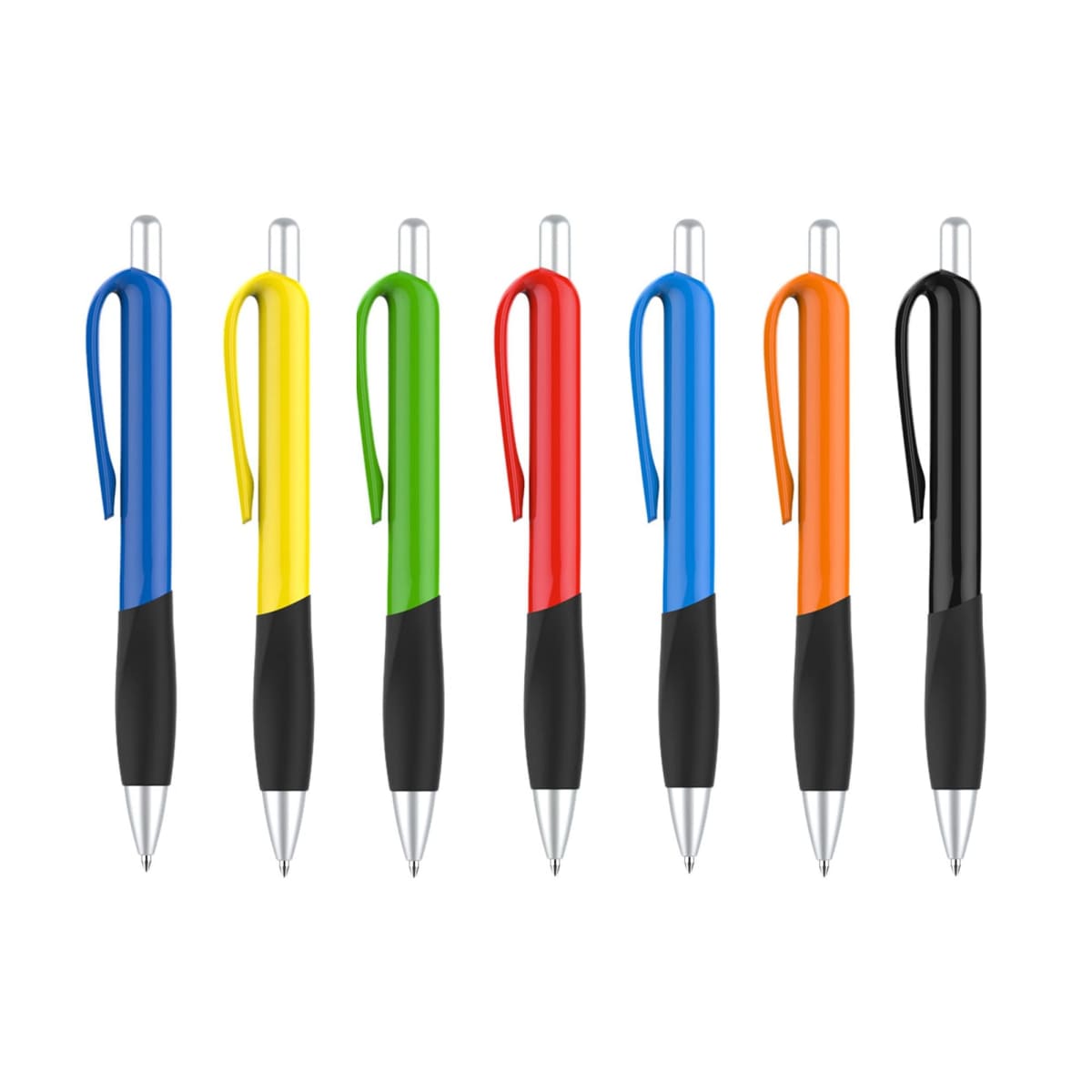 Seven ballpoint pens are lined up vertically, each with black grips. The pens have colored barrels: blue, yellow, green, red, blue, orange, and black. Each pen has a silver clicker and clip.