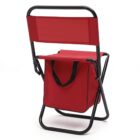 A red folding chair with a black metal frame, featuring a fabric backrest and seat. Attached to the seat is a red fabric storage bag with black handles.