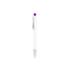 A sleek white pen with a silver tip and a purple dot on the clip is centered against a plain white background.