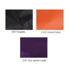 Three fabric swatches: top left is black 190T Polyester, top right is orange 210D Oxford Fabric, and bottom is purple 210T Tear Resistant Plaid.