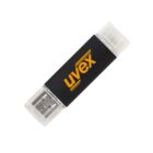 A USB flash drive with a black body and clear protective caps on both ends. The word uvex is printed in bold yellow-orange letters on the black section.