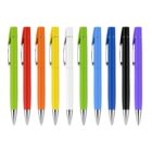A row of ten colorful pens arranged vertically. Colors from left to right: light green, red, orange, yellow, white, light green, blue, black, black, purple. Each pen has a clip and silver tip.