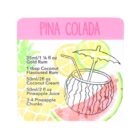 Illustration of a Pina Colada recipe with a coconut illustration and umbrella straw. Ingredients listed: gold rum, coconut flavored rum, coconut cream, pineapple juice, and pineapple chunks. Background features tropical fruit designs.