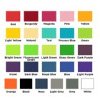 A grid with 30 colored squares labeled from left to right: Red, Burgundy, Magenta, Pink, Yellow, Light Yellow, Natural, Teal, Process Blue, Green, Bright Green, Fluorescent Green, Light Green, Grass Green, Dark Purple, Violet, Dark Blue, Royal Blue, Blue, Light Purple, Orange, Black, Navy, Light Grey, Grey, White.