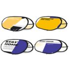Four folding banners with various designs and text. The top two have a yellow theme with text about quarantine. The bottom two have a blue and white theme with text encouraging staying home and enjoying music.