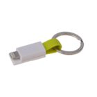 A white and green keychain with a lightning connector on one end and a USB connector on the other, attached to a metal keyring.