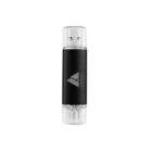 A dual-port USB flash drive with a black case and transparent caps on both ends, featuring a company logo in the center.