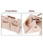 Canvas tool bag with multiple pockets shown from front and side views. The front view displays two main pockets, while the side view reveals a spacious interior. The bag is beige with snap closures and a leather handle.