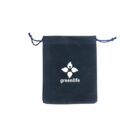 A black drawstring pouch with a blue cord is shown. It features a white logo of a stylized leaf shape with a droplet, and the word greenlife printed beneath it.