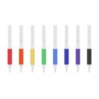 Eight pens lined up horizontally with colorful caps: red, orange, yellow, green, light blue, dark blue, purple, and black. The pen bodies are white, displayed against a plain background.