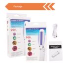 Portable UV sterilizer package with contents: device, charging cable, and user manual.