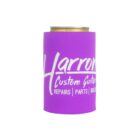 A purple beverage koozie with white text that reads: Harrow Custom Guitars - Repairs | Parts | Builds. Inside is a can partially visible at the top.