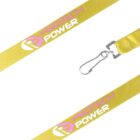 Yellow lanyard with PROTECH POWER and a stylized P logo in pink and white. The lanyard has a metal clasp at the end for attaching objects.