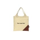 A beige tote bag with two handles, featuring the text Your Logo Here in the center. The bottom right corner has a brown triangular accent with a small pouch attached.