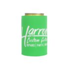 A green can koozie displaying the text Harro in large letters, with Custom Guitars and Repairs | Parts | Builds beneath it in smaller font, holding a can. The background is plain white.