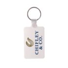 White keychain with a rectangular tag featuring the text CHIFLEY & CO. in blue and a gold abstract logo resembling a stylized leaf or flourish on the left. The keychain has a circular metal ring at the top.