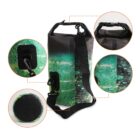 A waterproof dry bag with a green and black droplet pattern and adjustable shoulder strap. Close-up insets show the sealed buckle closure, sturdy attachment point, side detail, and bottom of the bag.