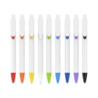 Nine white pens are aligned vertically, each with a different colored tip and clip accent. From left to right, the colors are red, orange, yellow, green, light blue, blue, dark blue, purple, and black.