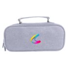 A gray fabric carrying case with a handle on top and a rainbow-colored logo on the front. The case has a zippered closure.