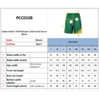 Size chart for PCC032B unisex soccer shorts in five sizes (S-5XL). Includes waist width, hip width, front rise length, back rise length, bottom width, and total length measurements. Shorts are green with yellow accents.