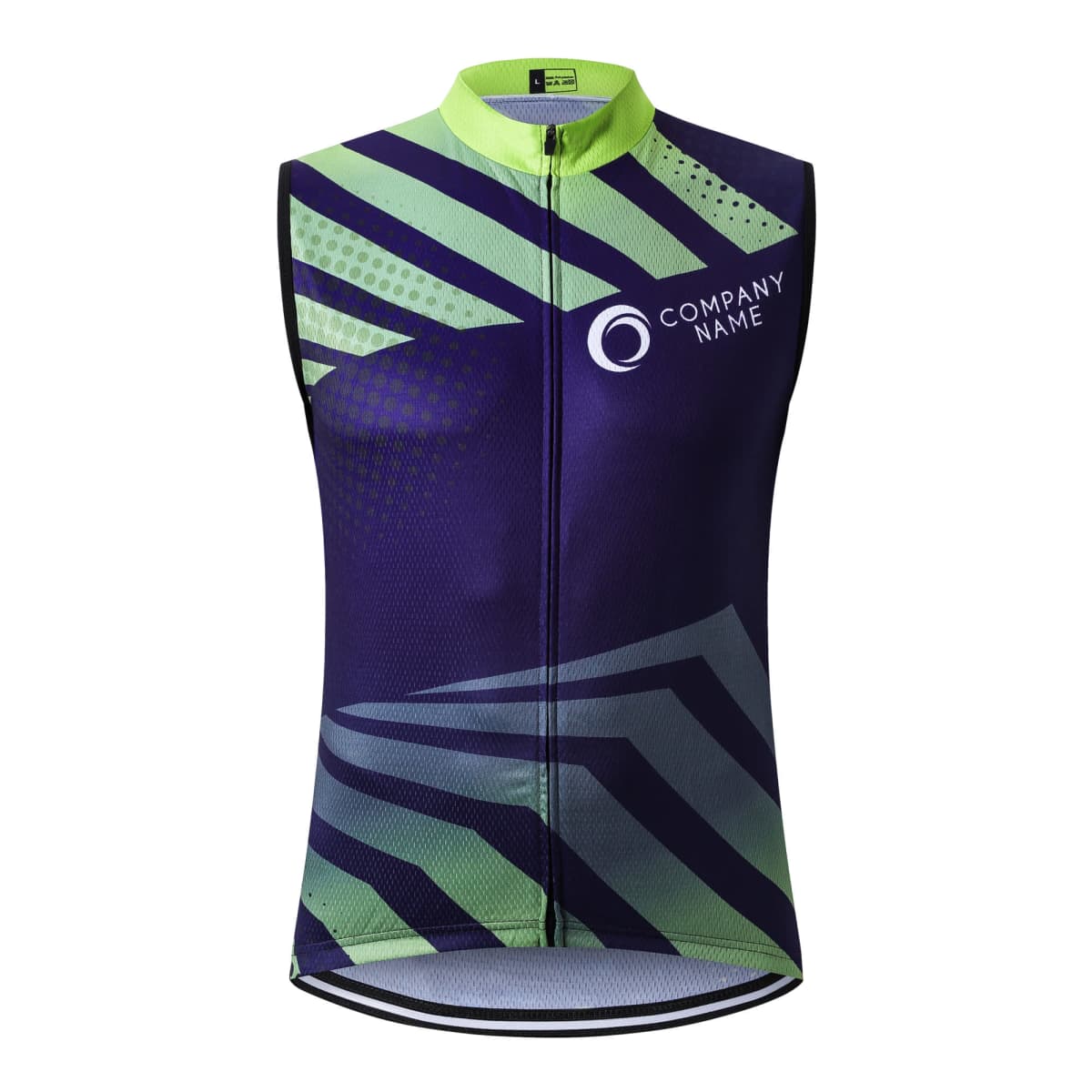 Sleeveless cycling jersey with a front zipper. The design features dark blue, green, and white geometric patterns. A logo and the words Company Name are displayed on the chest.