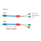 Diagram showing a USB cable with three connector types: Micro USB, Apple Lightning, and Type-C, each with distinct green, blue, and yellow connectors. The front and back views of the red main cable are included.