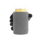 A can of Crystal Spring Peach Tea is wrapped in a gray fabric koozie with an attached black glove, giving the appearance of a hand holding the can. The koozie and glove provide insulation and grip.