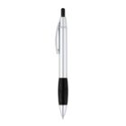 A silver retractable ballpoint pen with a black grip and clip is shown against a white background.
